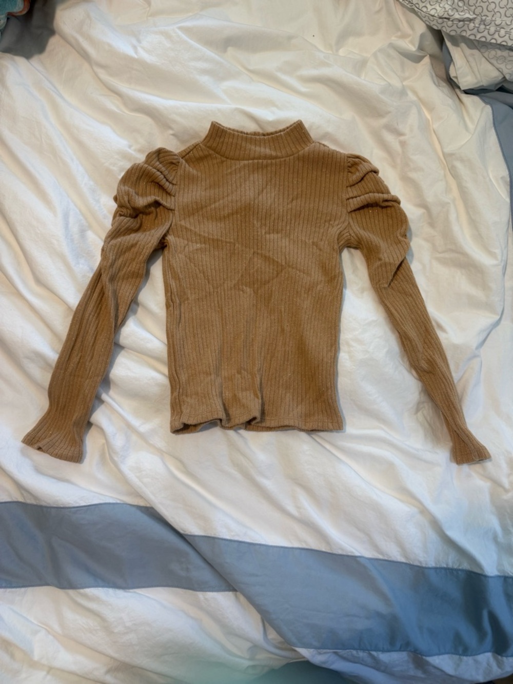 Janie and Jack Ribbed Puff-Sleeve Long-Sleeve Top in Camel